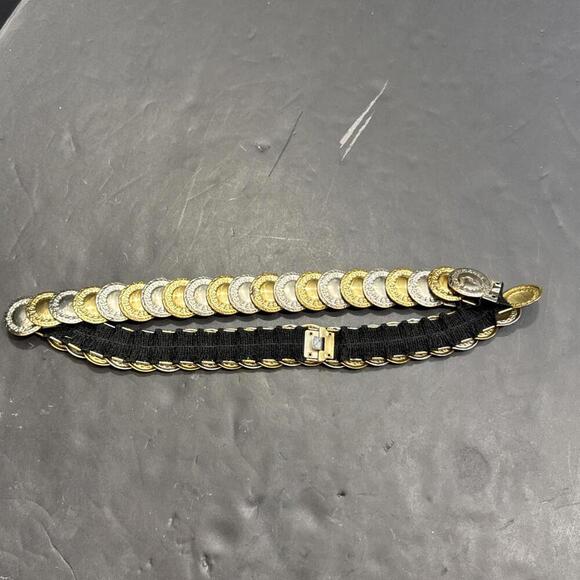 Vintage Gold Silver Metal Disc Coin Stretch Belt 80s Medallion Roman - Picture 2 of 11